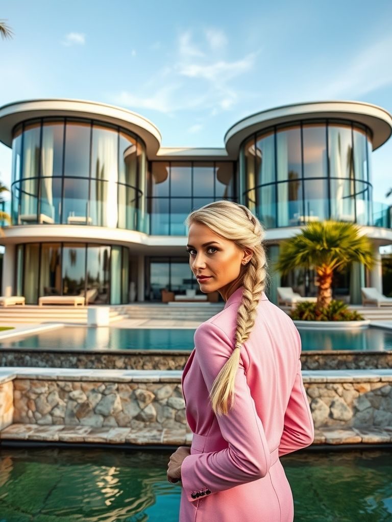 Woman in a pink outfit stands by a pool in front of a modern glass house.