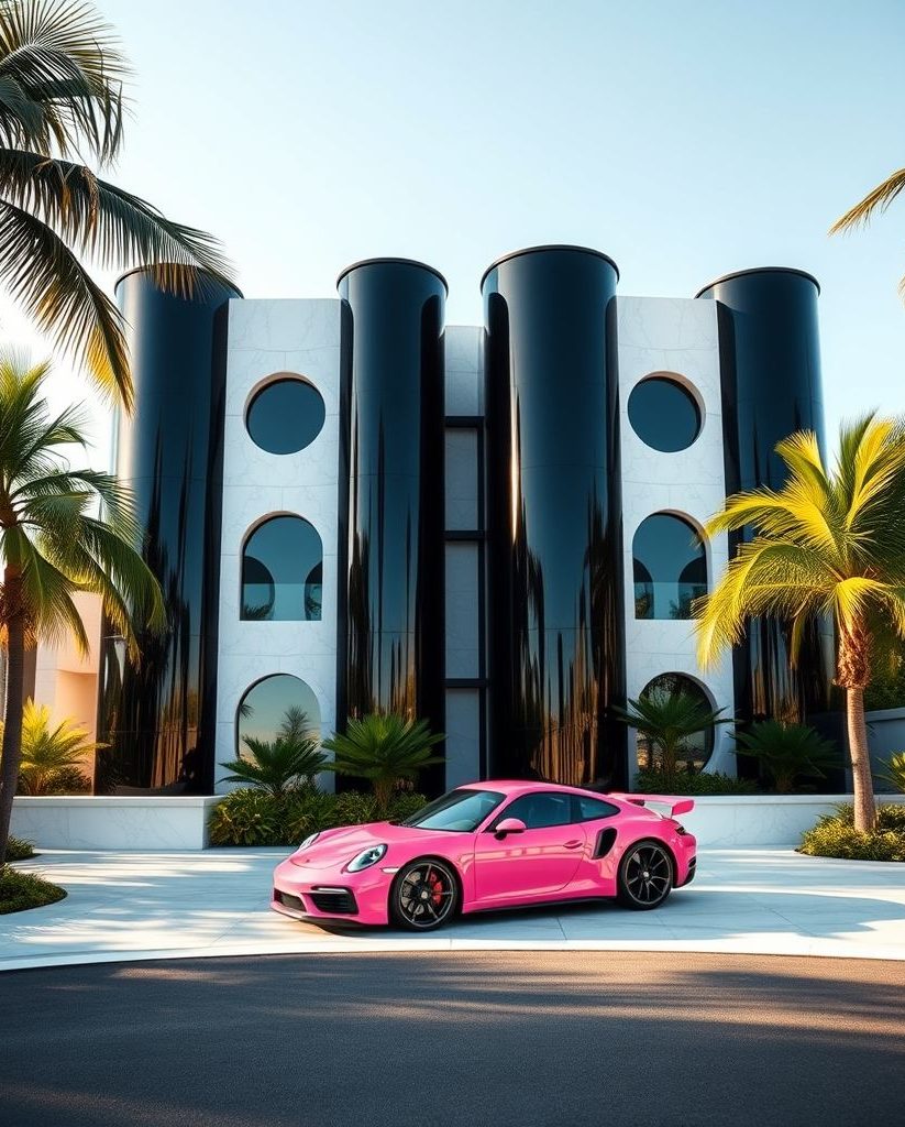 super A bright pink sports car parked in front of a modern black and white real estate with palm trees.